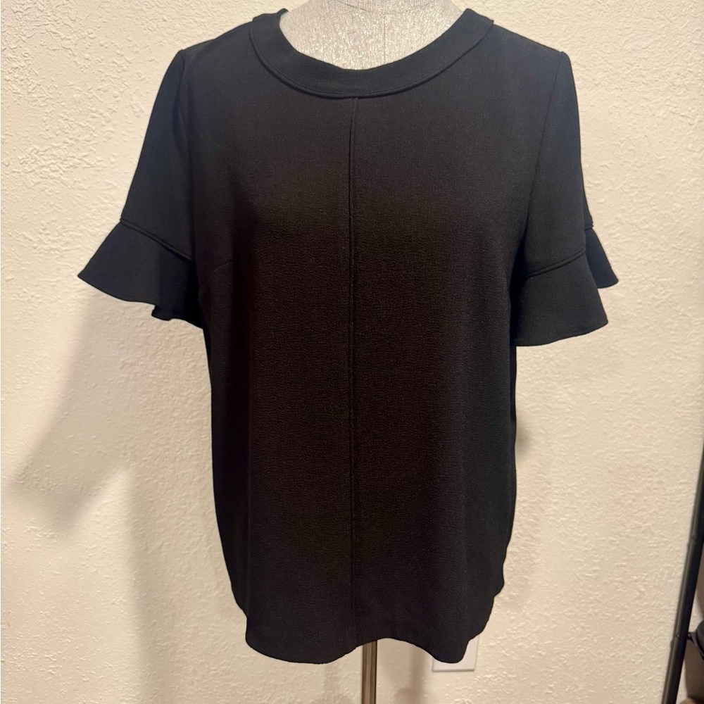 Lark & Ro Elegant Black Ruffle Sleeve Top with gold buttons on back Sz L